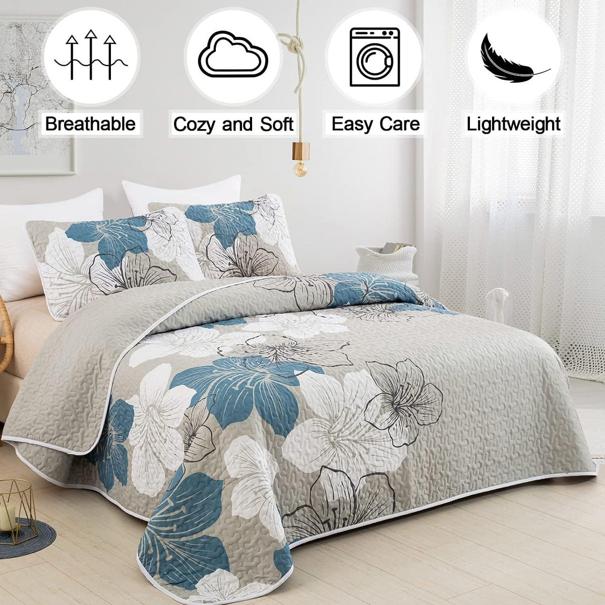 Blue Floral Boho Dream Bedspread Coverlet 3 Piece Set