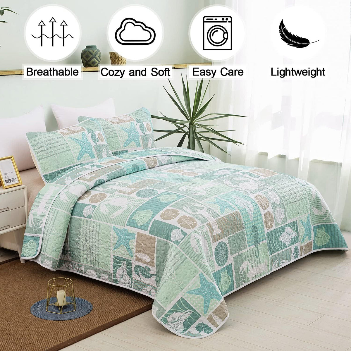 Green Coastal Haven Bedspread Coverlet 3 Piece Set
