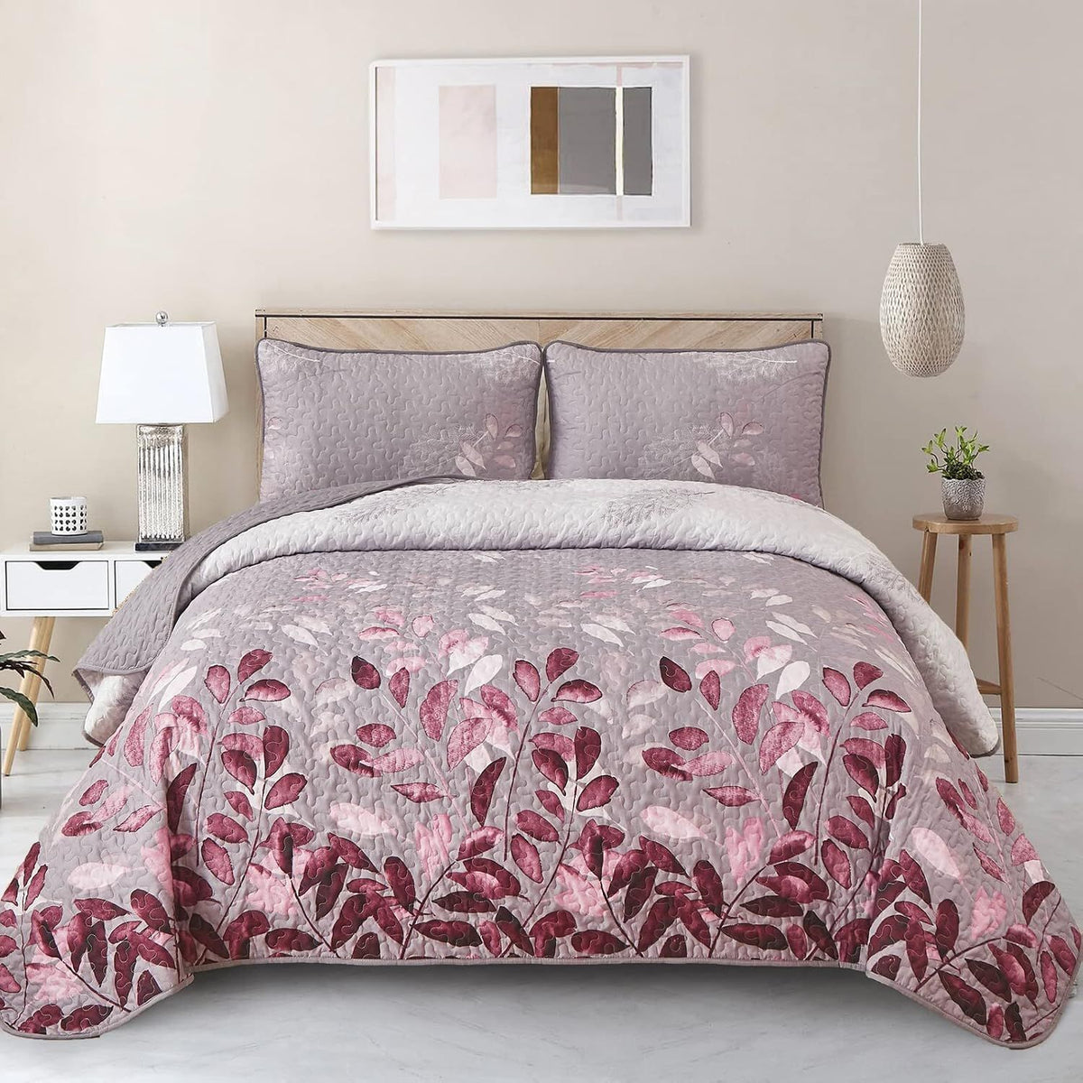 Pink Floral Grove Bedspread Coverlet 3 Piece Set