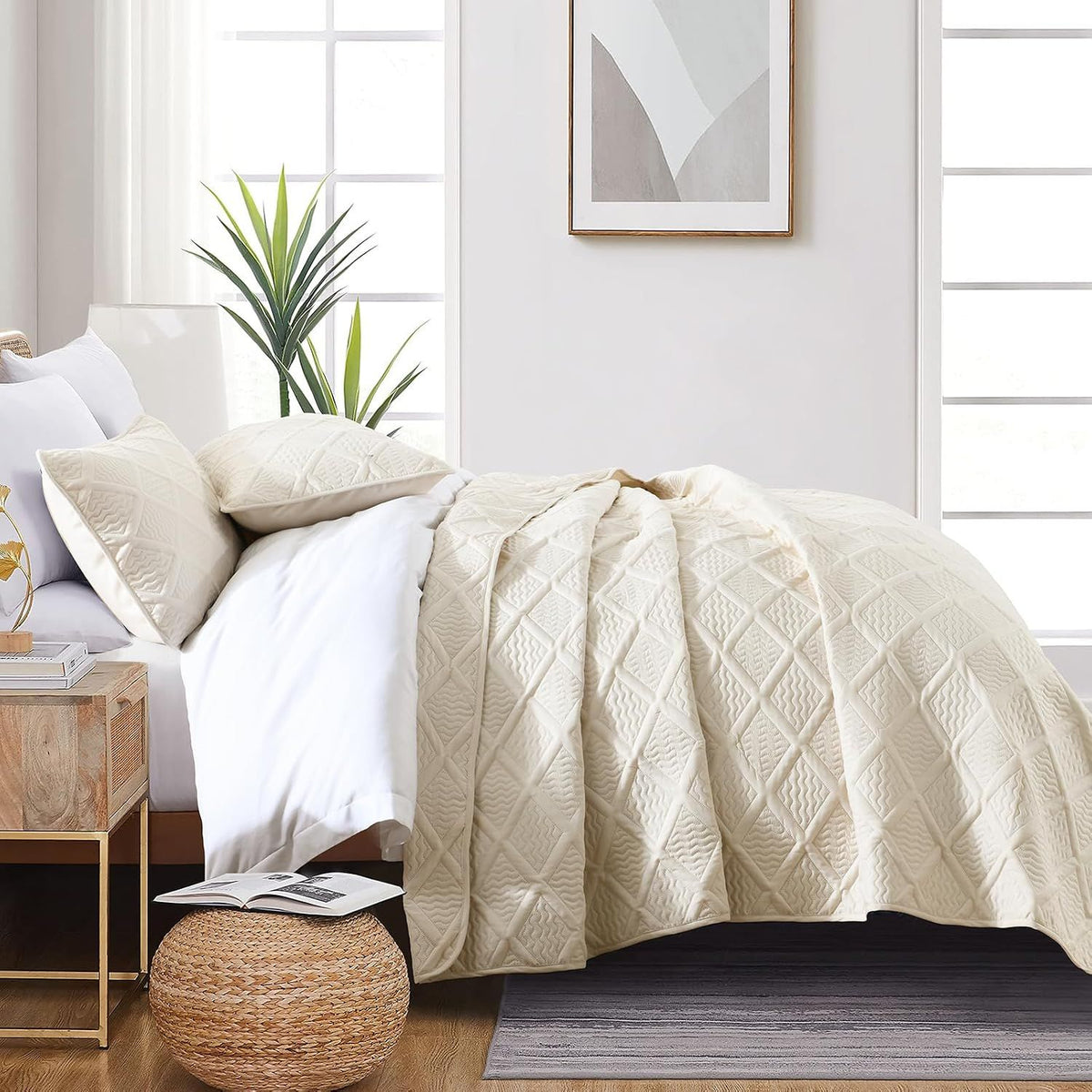 Beige Quilted Royale Bedspread Coverlet 3 Piece Set