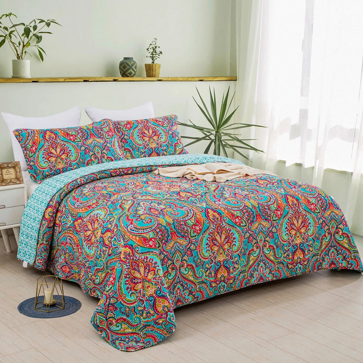100% Cotton Aqua Coral Paisley Bloom Coverlet Bedspread Set