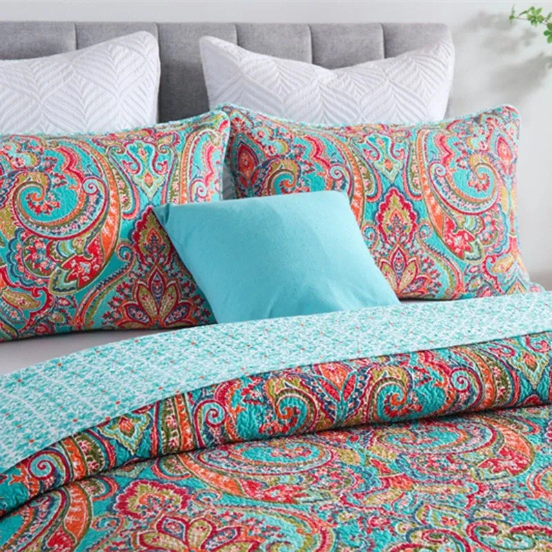 100% Cotton Aqua Coral Paisley Bloom Coverlet Bedspread Set