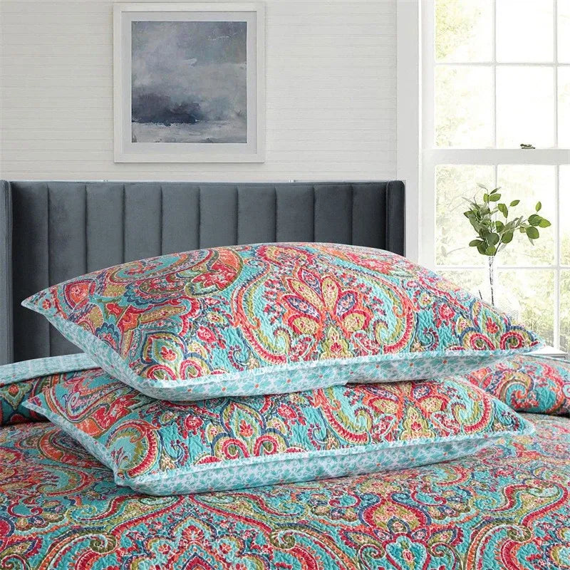 100% Cotton Aqua Coral Paisley Bloom Coverlet Bedspread Set
