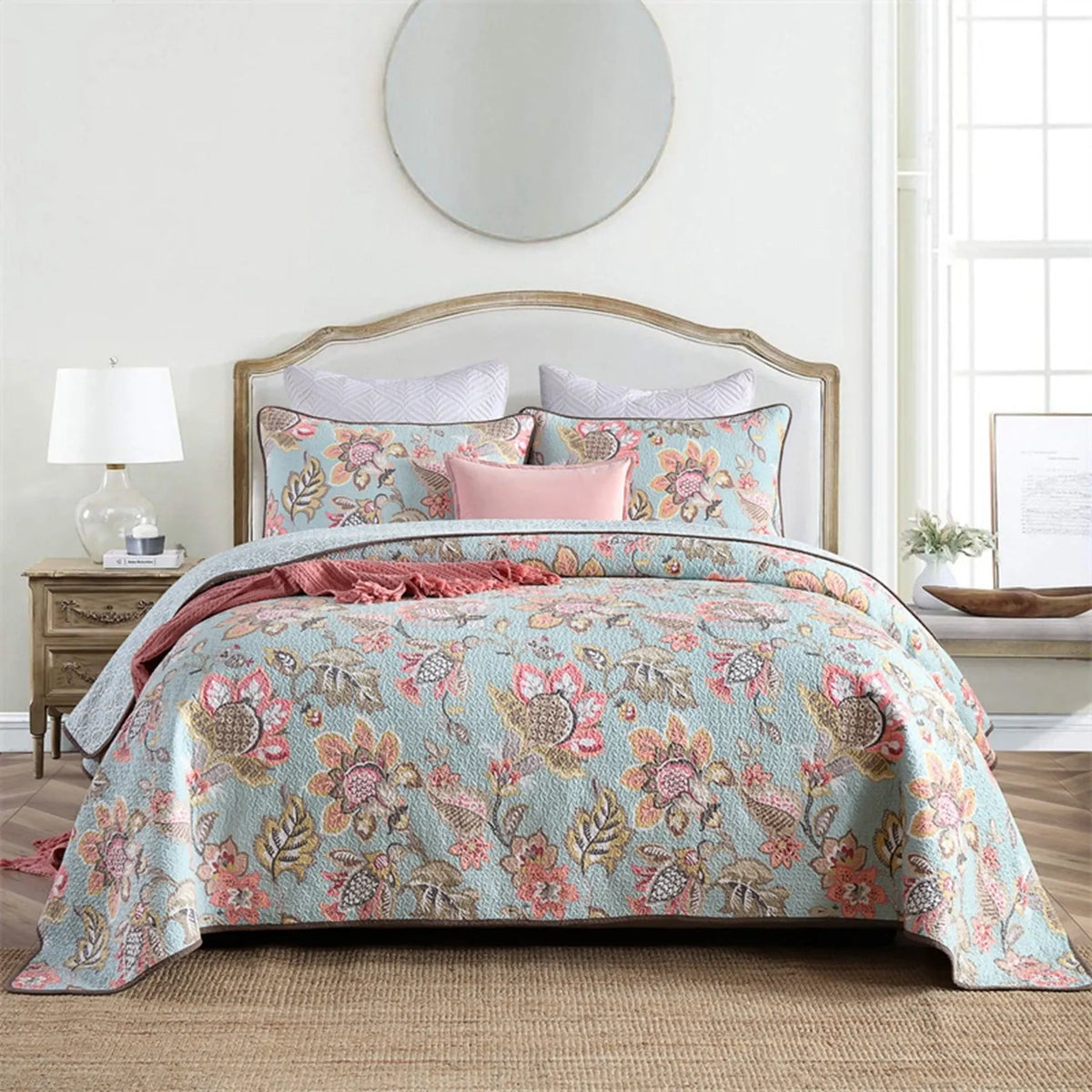 100% Cotton Blush Aqua Rosehaven Coverlet Bedspread Set