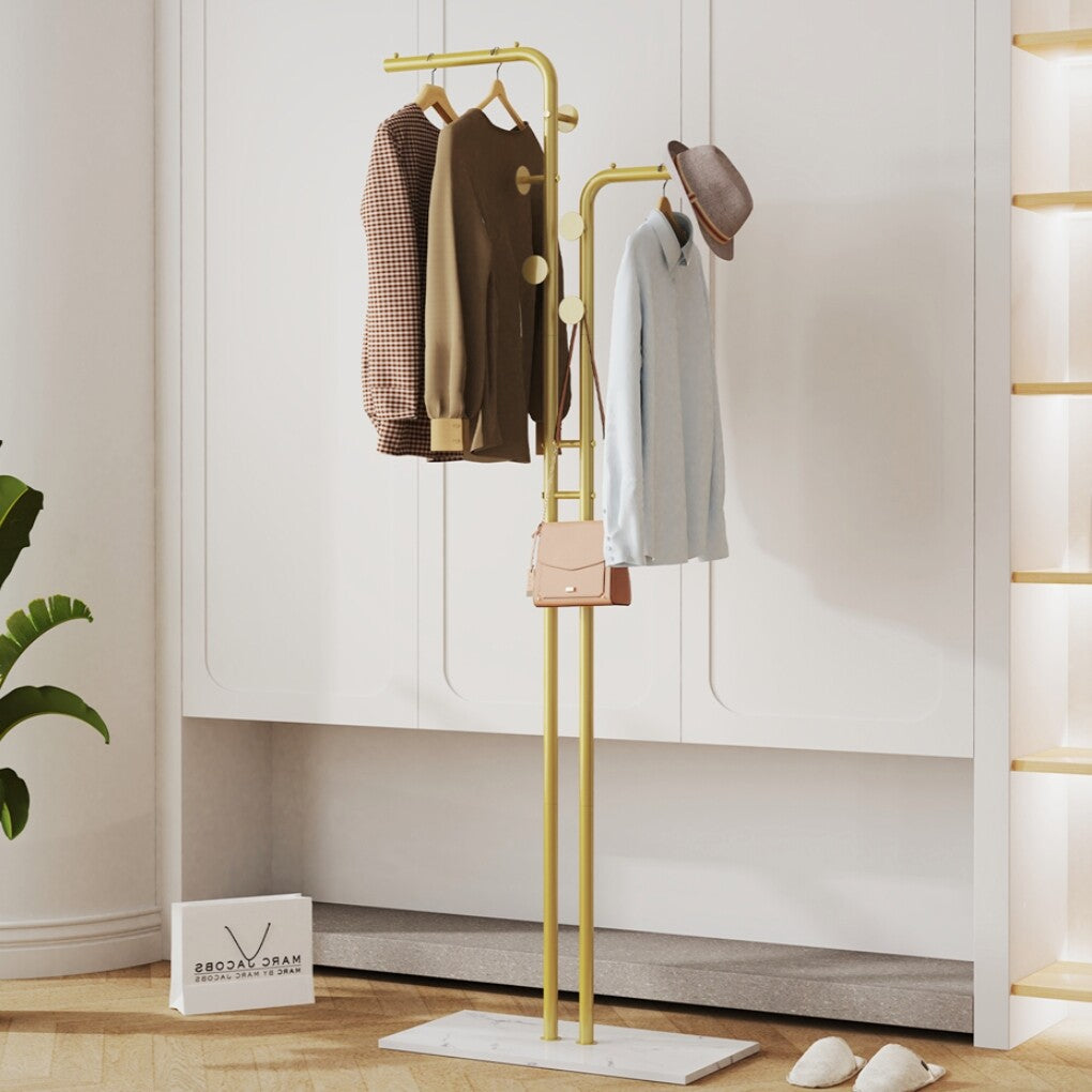 Double Pole Metal Coat Rack with Marble Base - Free Standing Clothes and Hat Stand AU