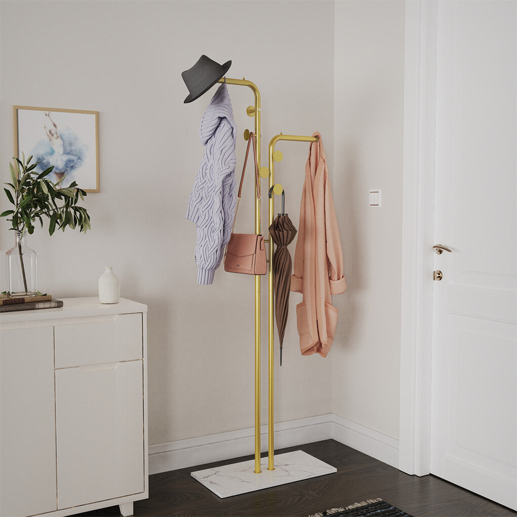 Double Pole Metal Coat Rack with Marble Base - Free Standing Clothes and Hat Stand AU