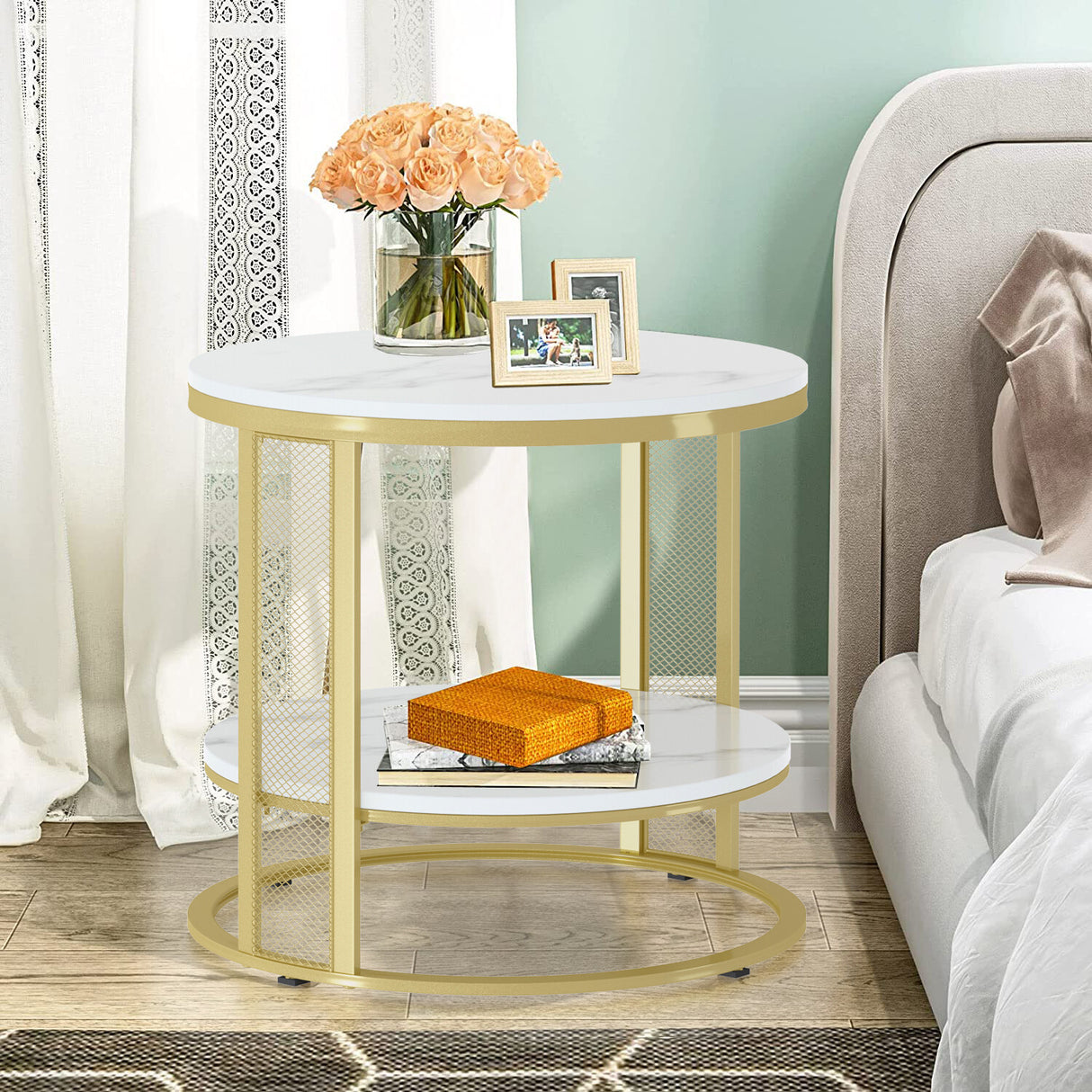 White Marble Side End Table Round Coffee Accent Table Nightstand Gold Iron Frame