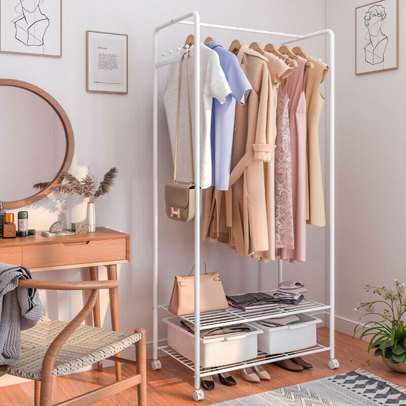 2Tier Rolling Free-Standing Clothing Garment Rack Closet Organizer Open Wardrobe
