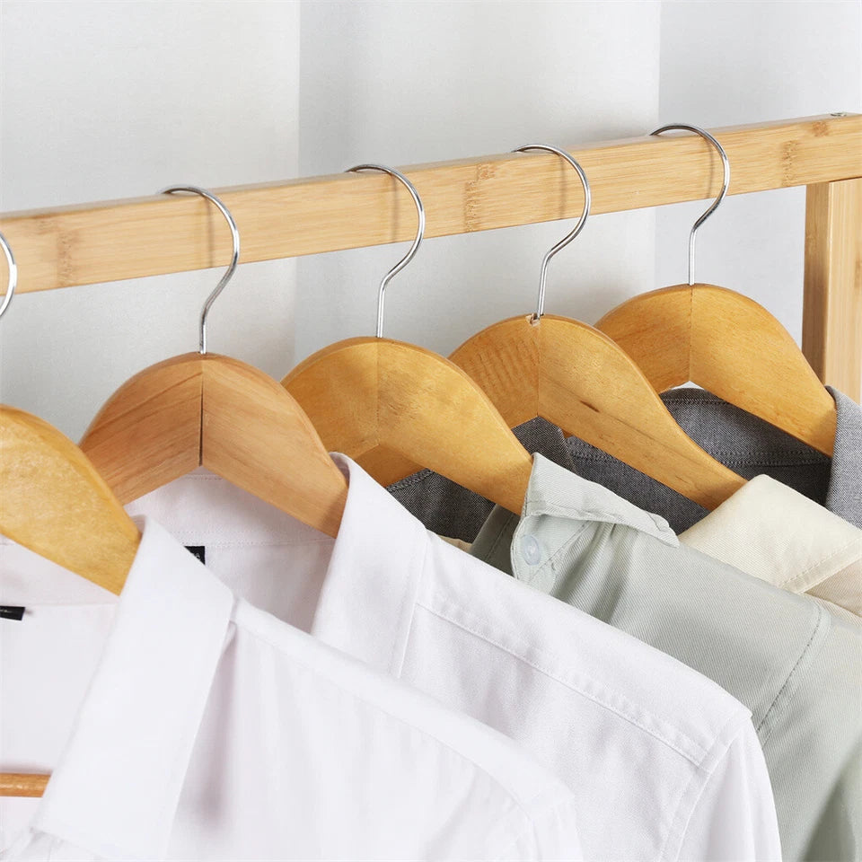 Portable Rolling Bamboo Clothes Rack for Kids with Hanging Rail