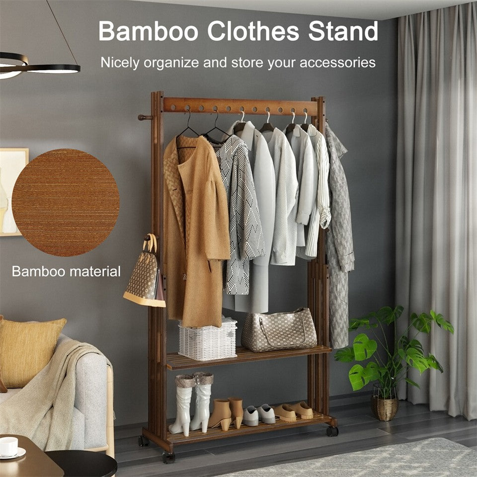 Walnut Wood Rolling Clothing Garment Rack Open Wardrobe Entryway Bedroom Shop