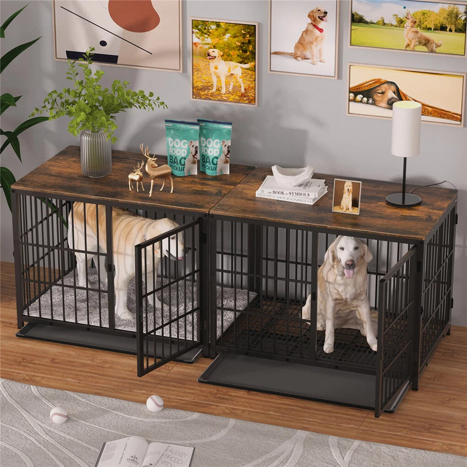 P&P Black Walnut XL Dog Crate with Wooden Furniture Style, 3-Door Entry and Slide Out Tray