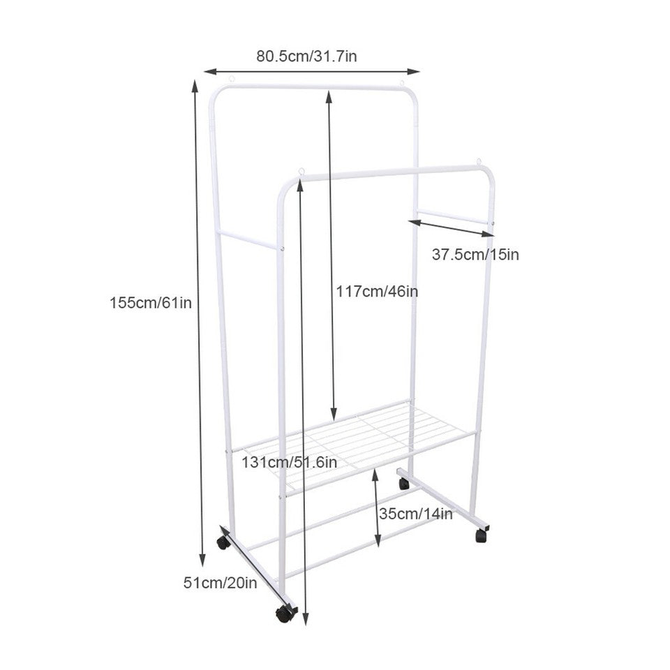 Heavy Duty Double Rail Garment Rack Rolling Clothes Rack 2Tier Storage Shelf