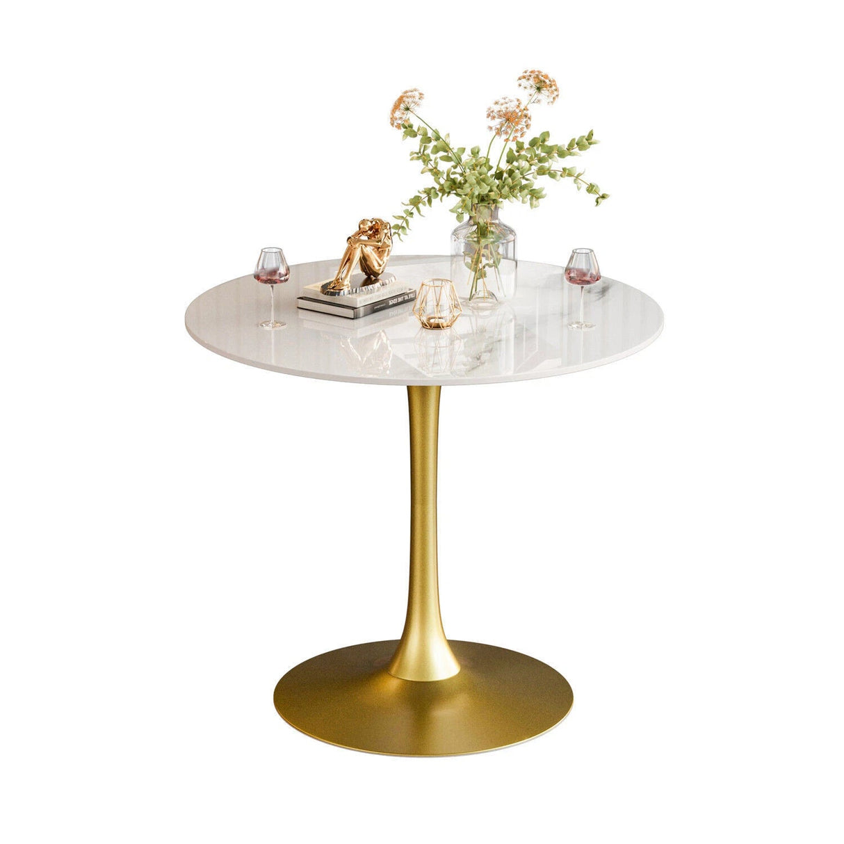 Round Real Stone Dining Table Anti-Scratch Easy Clean Table for Small Condo