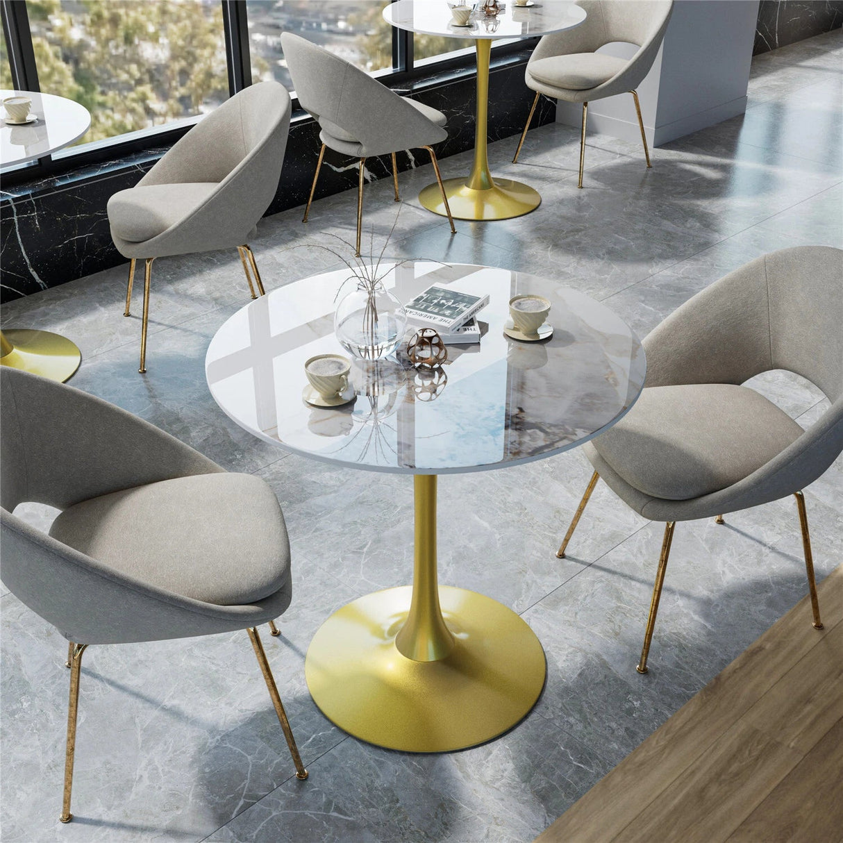 Round Real Stone Dining Table Anti-Scratch Easy Clean Table for Small Condo