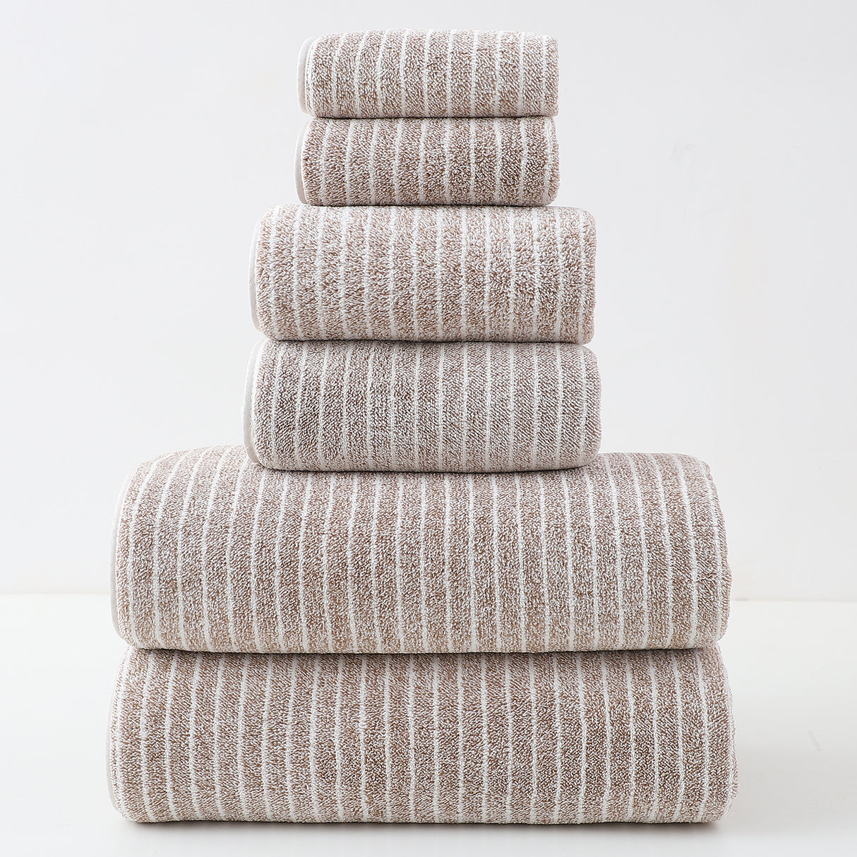 Luxury Cotton Striped Towel Set - 6 Piece Set (2 Hand Towels, 2 Bath Towels, 2 Washcloths), Ultra Soft and Absorbent (Brown)