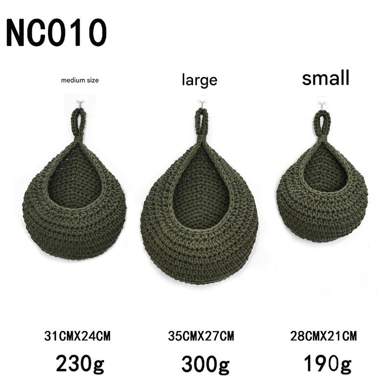 Green 3-Piece Wall-Mounted Cotton Rope Storage Baskets – Large, Medium, and Small Hand-Woven Fruit/Vegetable/Storage Nets (Large weight 300g, Medium weight 230g, Small weight 200g)
