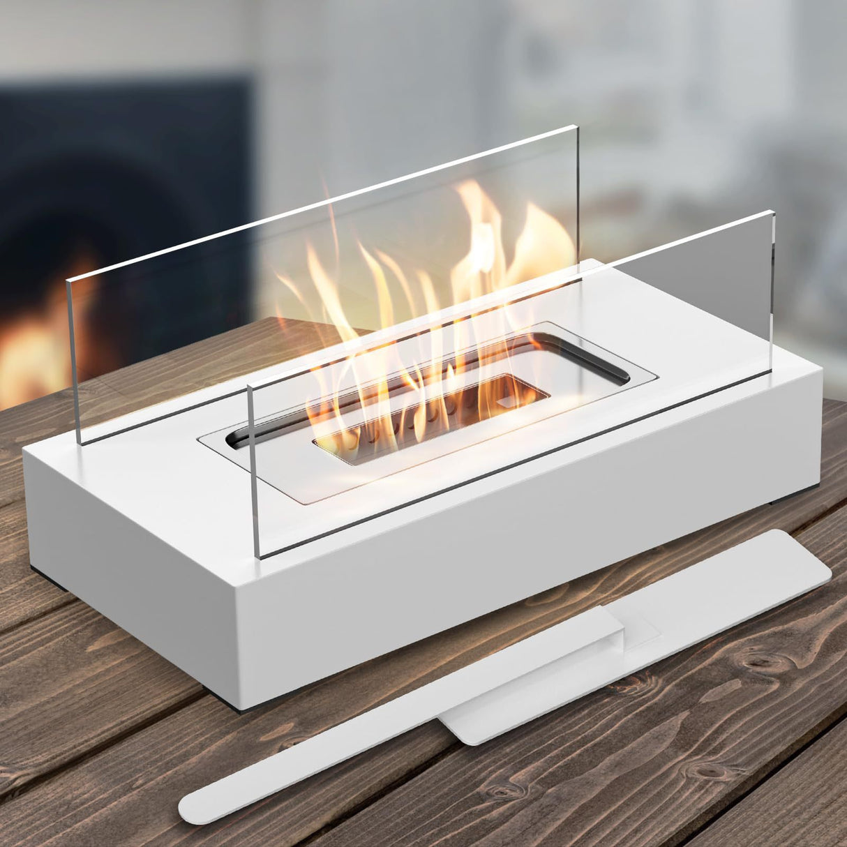 Not removable Portable Tabletop Bioethanol Fireplace - White Rectangular Design with Glass Shields
