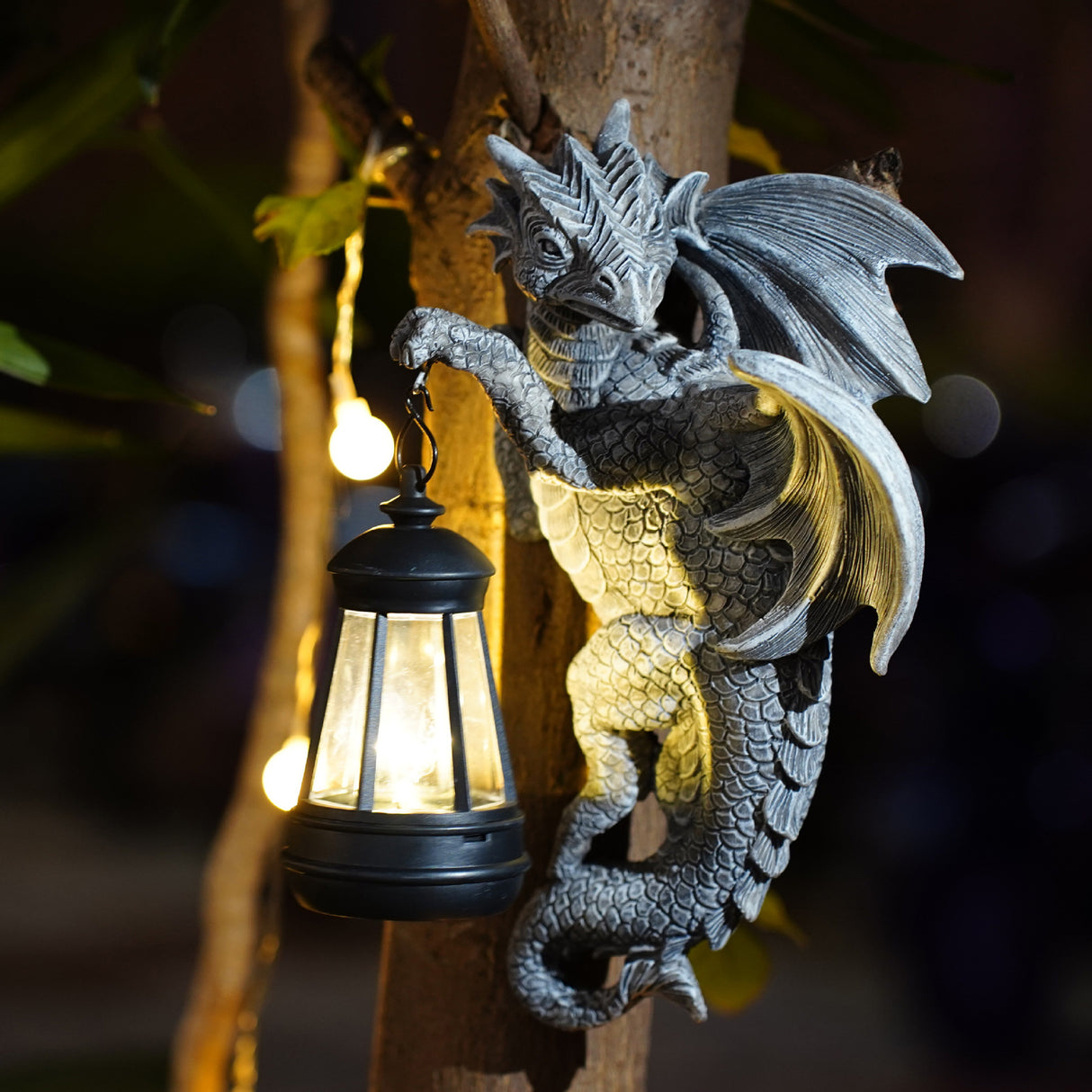 Solar-Powered Dragon Statue with LED Lantern - Gothic Outdoor Wall Hanging Decor