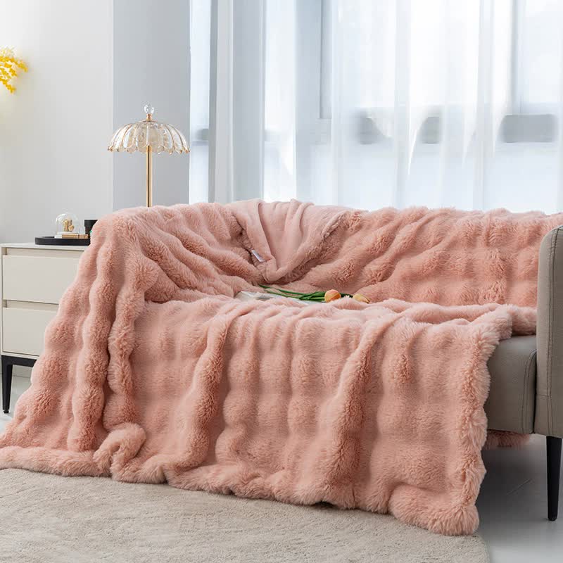 Pink 130*160cm Plush Toscana Rabbit Hair Throw Blanket - Soft Flannel Fleece for All Seasons, Perfect for Couch & Bed