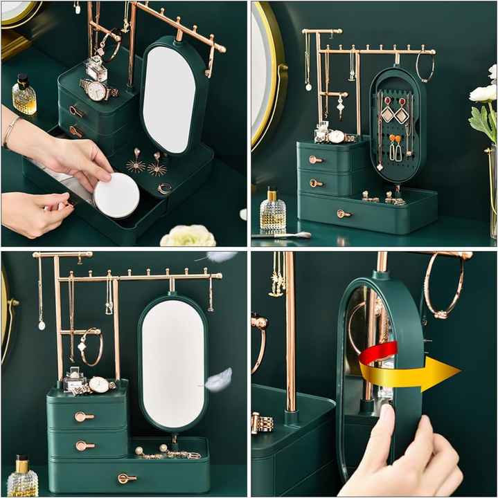 Elegant Green Jewelry Organizer with Mirror - Multi-Layer Storage & Display Stand (25x15x37.5cm)