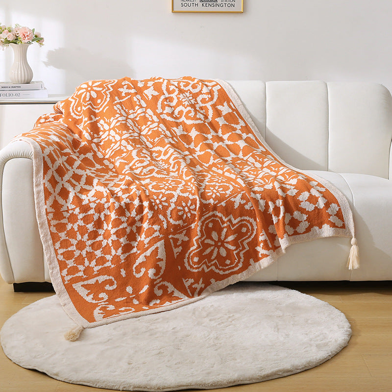 Bohemian Style Sofa Throw Blanket - Orange Soft Faux Cashmere, 130x170cm (850g) for Office Naps & AC Cover