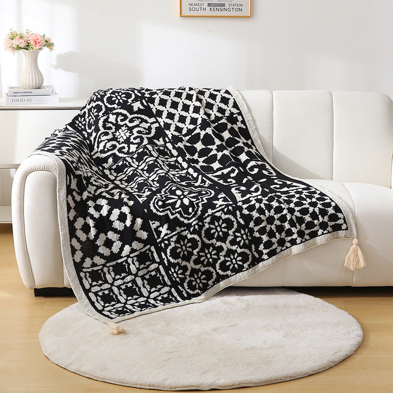 Bohemian Style Sofa Throw Blanket - Black Soft Faux Cashmere, 130x170cm (850g) for Office Naps & AC Cover