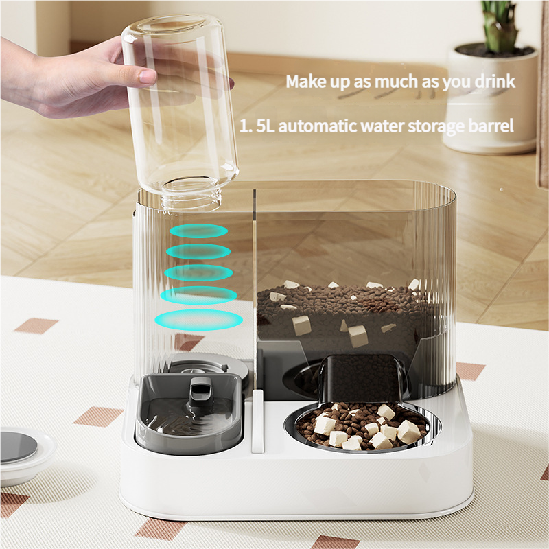 Automatic Pet Feeder and Water Bowl - 2-in-1 Grey Stainless Steel Bowl Cat Feeding Station