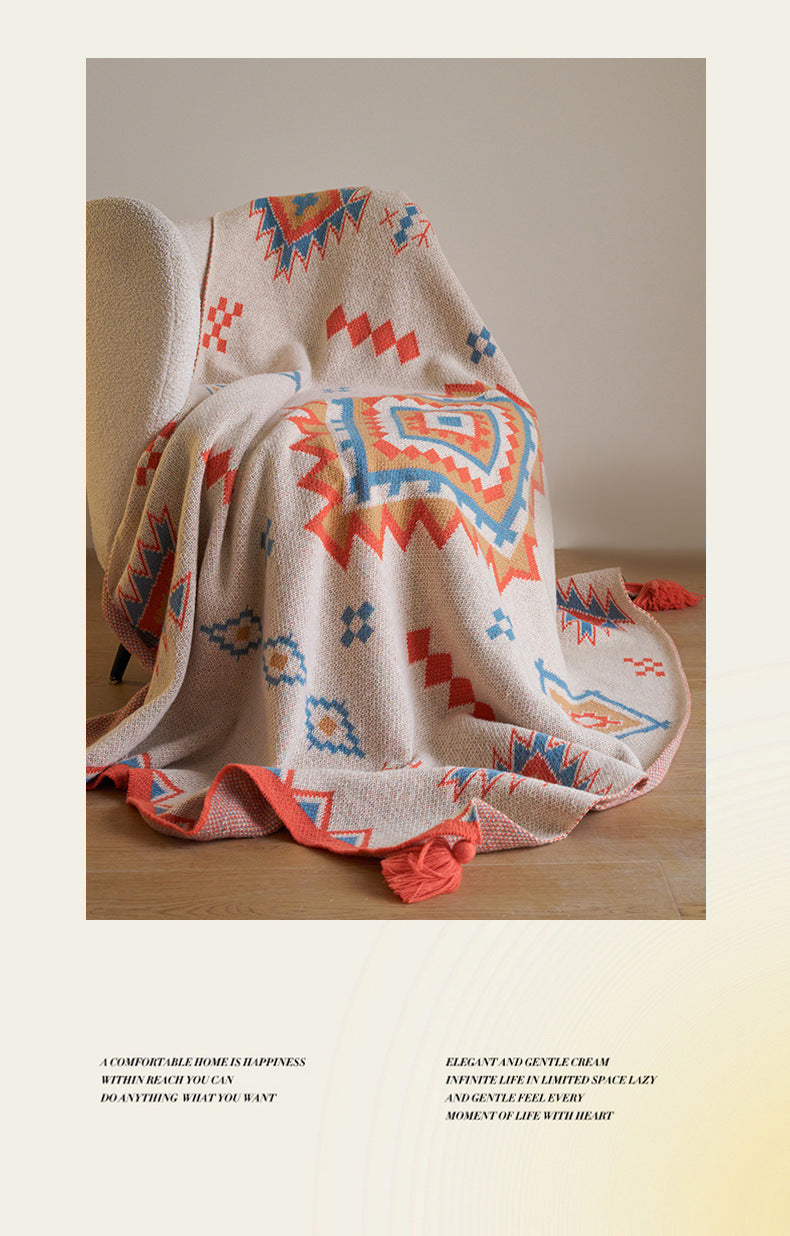 Orange Bohemian Geometric Tassel Throw Blanket - Soft Cotton Blend for Bedroom, Living Room, and Sofa 130x170cm
