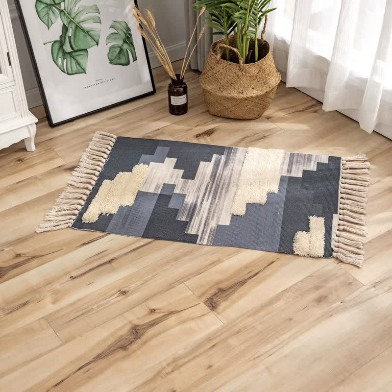 Handwoven Cotton Tassel Floor Rug for Bedroom or Living Room|Soft, Modern Geometric Design,60x90cm