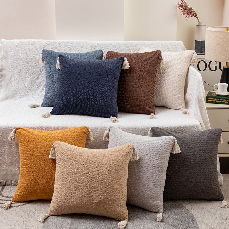 Brown Set of 2 Textured Velvet Throw Pillow Covers with Tassels - Decorative Square Cushions 45*45cm