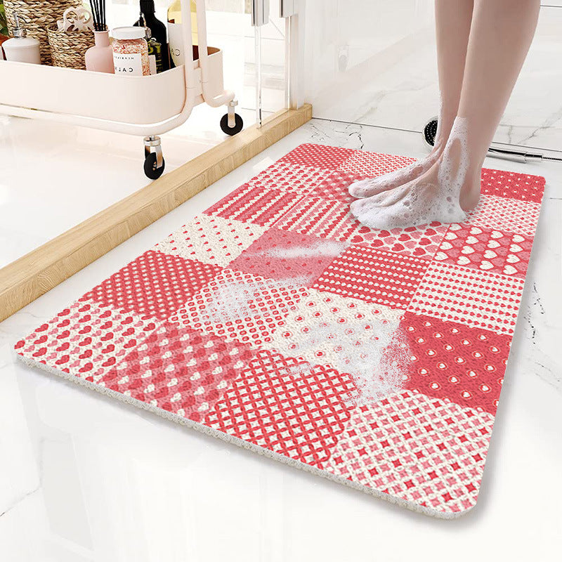 Pink Checkered Pattern PVC Non-Slip Bath Mat 45x75cm - Shower Drain Hole Design, Soft & Quick-Dry Bathroom Rug