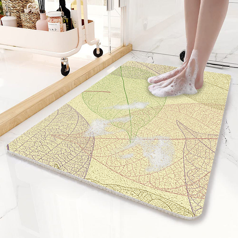 Yellow Leaves Pattern PVC Non-Slip Bath Mat 50x80cm - Shower Drain Hole Design, Soft & Quick-Dry Bathroom Rug