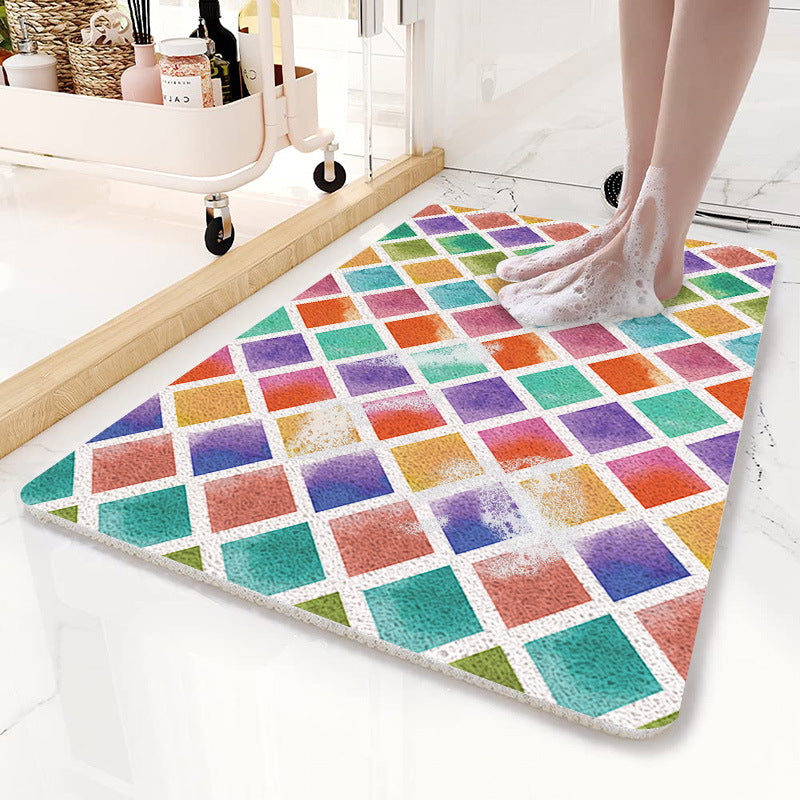 Colorful Diamond Pattern PVC Non-Slip Bath Mat 50x80cm - Shower Drain Hole Design, Soft & Quick-Dry Bathroom Rug