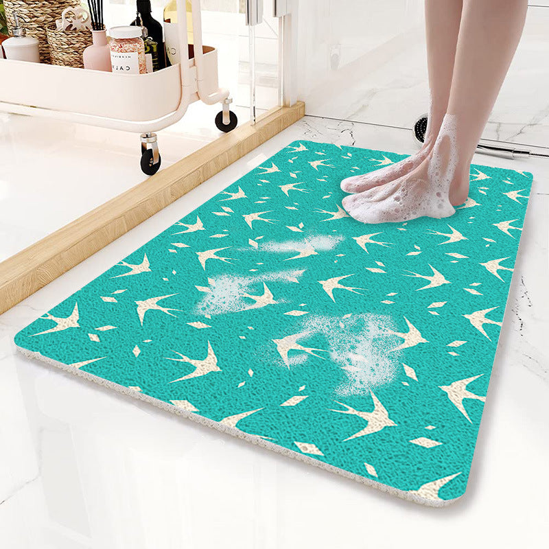 Teal Flying Bird Pattern PVC Non-Slip Bath Mat 50x80cm - Shower Drain Hole Design, Soft & Quick-Dry Bathroom Rug