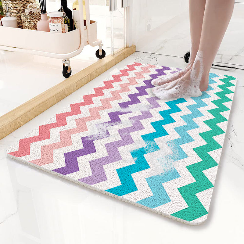 Colorful Wavy Lines Pattern PVC Non-Slip Bath Mat 50x80cm - Shower Drain Hole Design, Soft & Quick-Dry Bathroom Rug