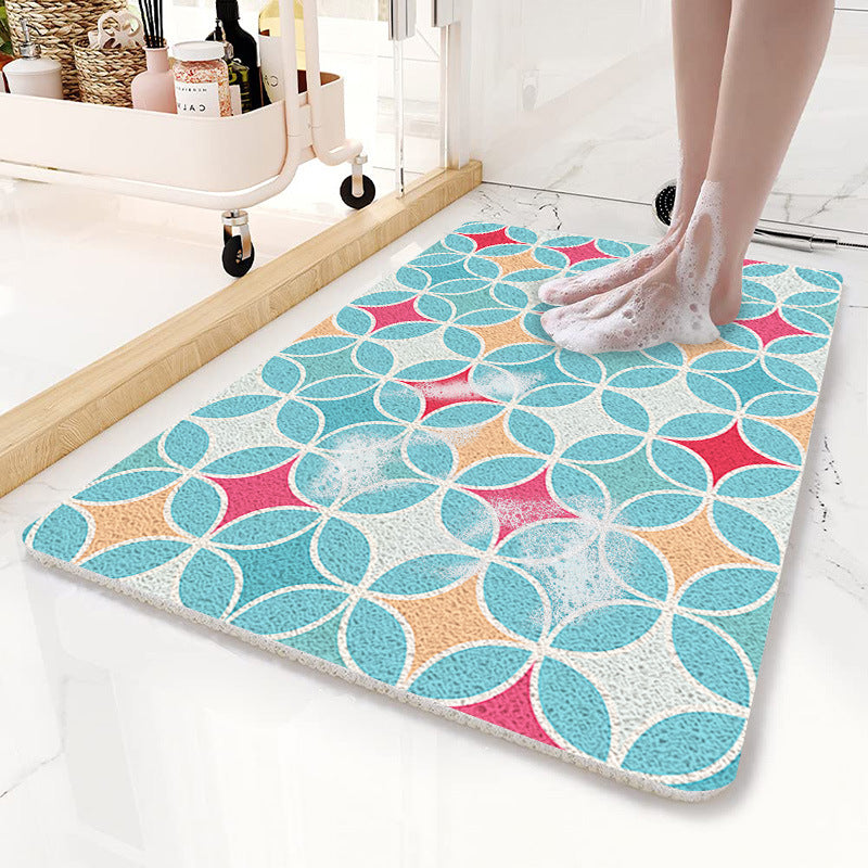 Blue Circular Pattern PVC Non-Slip Bath Mat 50x80cm - Shower Drain Hole Design, Soft & Quick-Dry Bathroom Rug