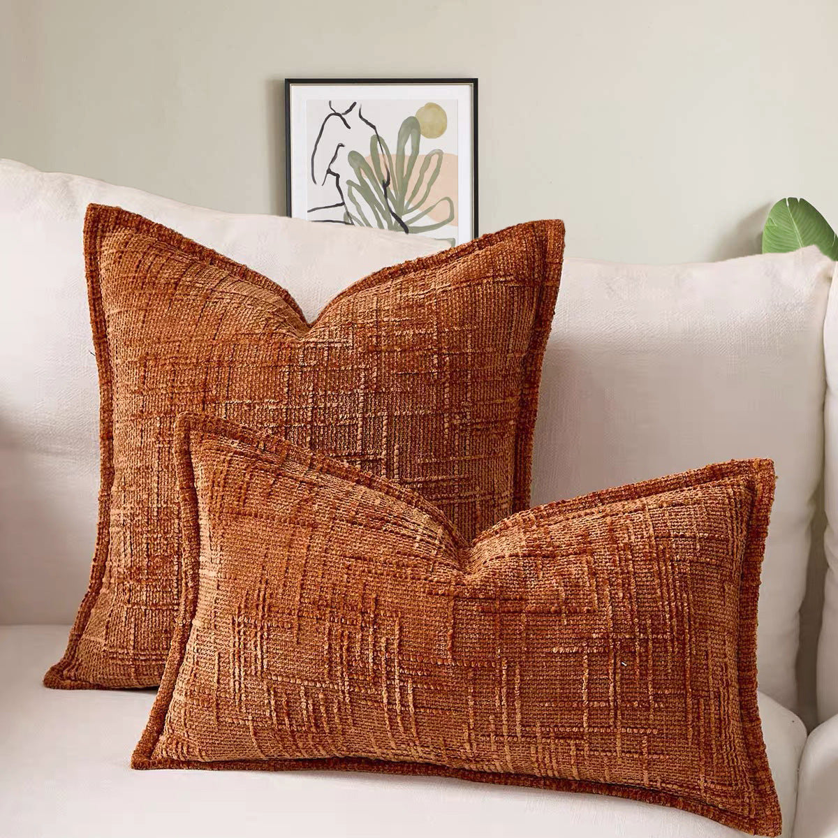 Brick Red Chenille Crosshatch Textured Pillow Covers Set of 2 - Modern Minimalist Sofa Bed Cushion Covers 45x45cm & 30x50cm(without pillow core)