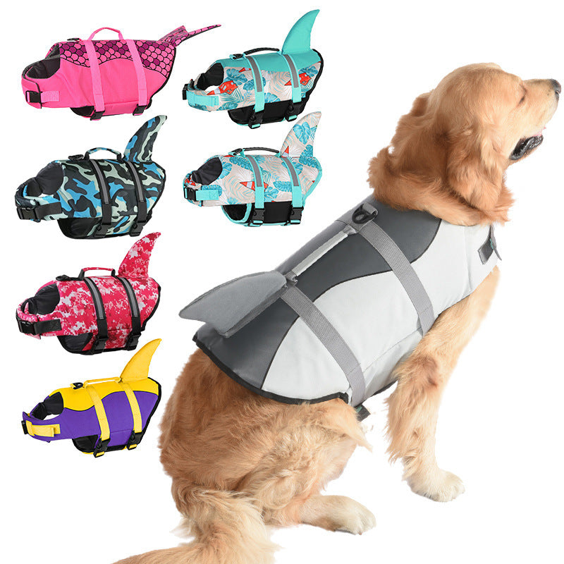 Size M Green Scales Pattern Pet Life Jacket for Dogs - Summer Swimming Safety Vest with Shark Fin for Small to Large Breeds