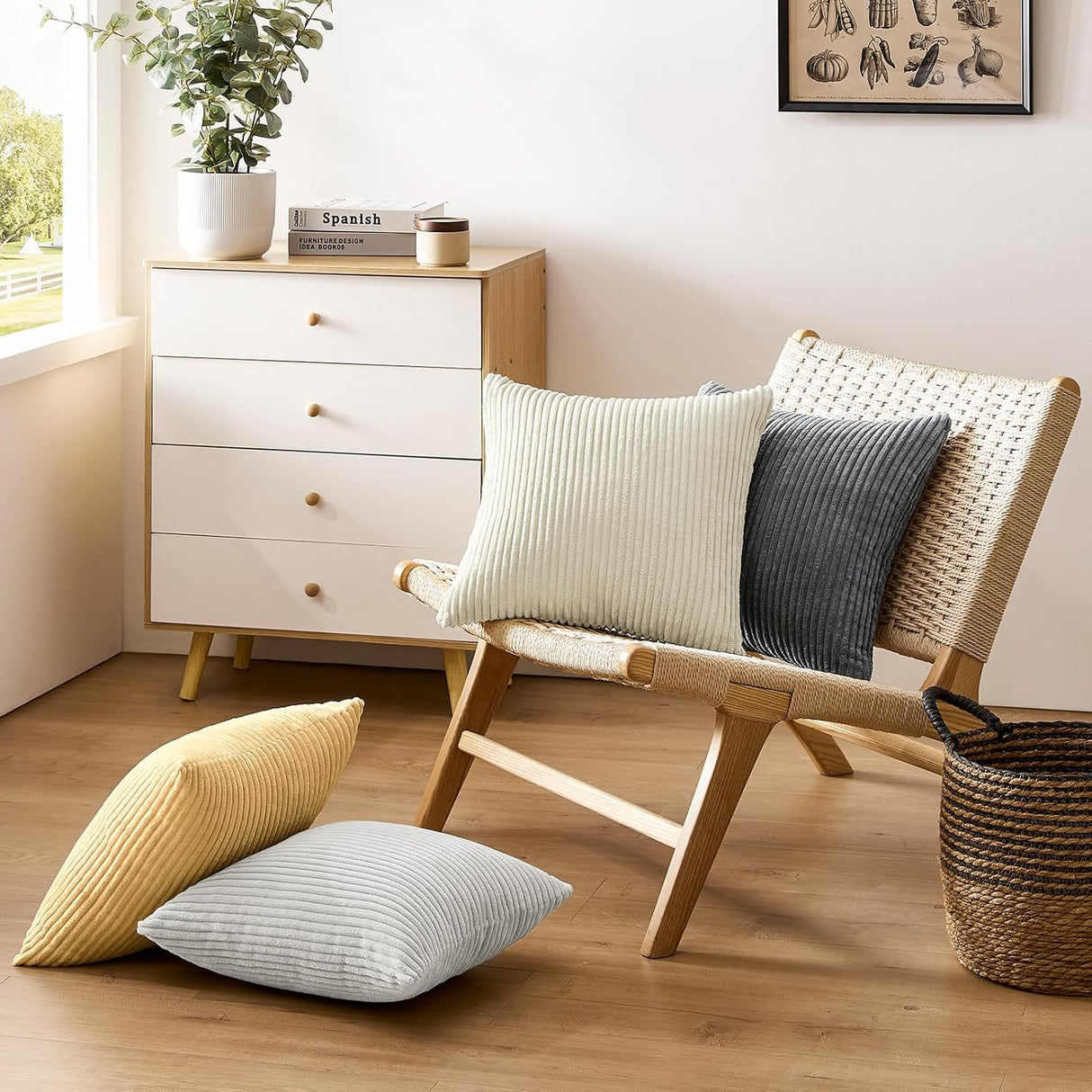 Light Grey Plush Striped Pillow Covers 45x45cm - Set of 4 Corduroy-Style Cushion Covers with Invisible Zipper, Soft and Washable for Sofa Decor