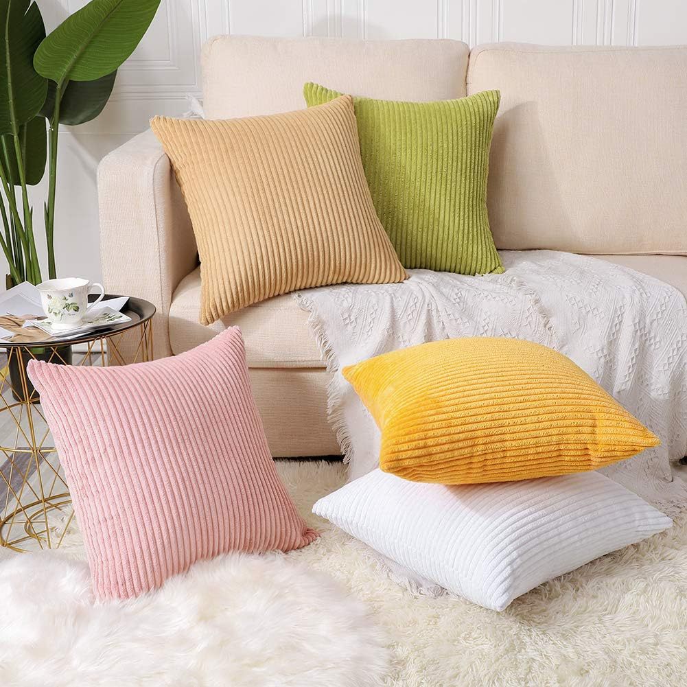 Dark Grey Plush Striped Pillow Covers 45x45cm - Set of 4 Corduroy-Style Cushion Covers with Invisible Zipper, Soft and Washable for Sofa Decor