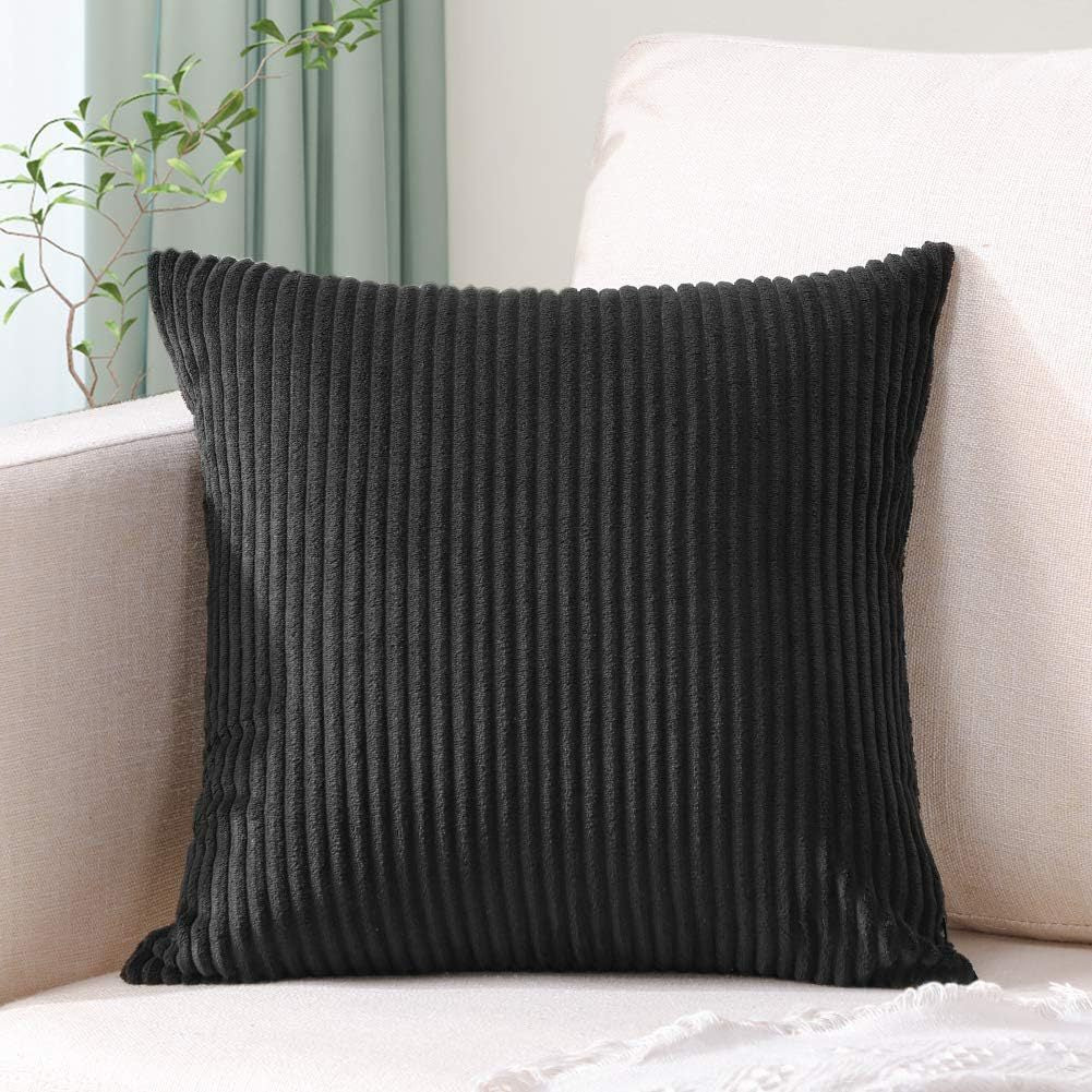 Black Plush Striped Pillow Covers 45x45cm - Set of 4 Corduroy-Style Cushion Covers with Invisible Zipper, Soft and Washable for Sofa Decor