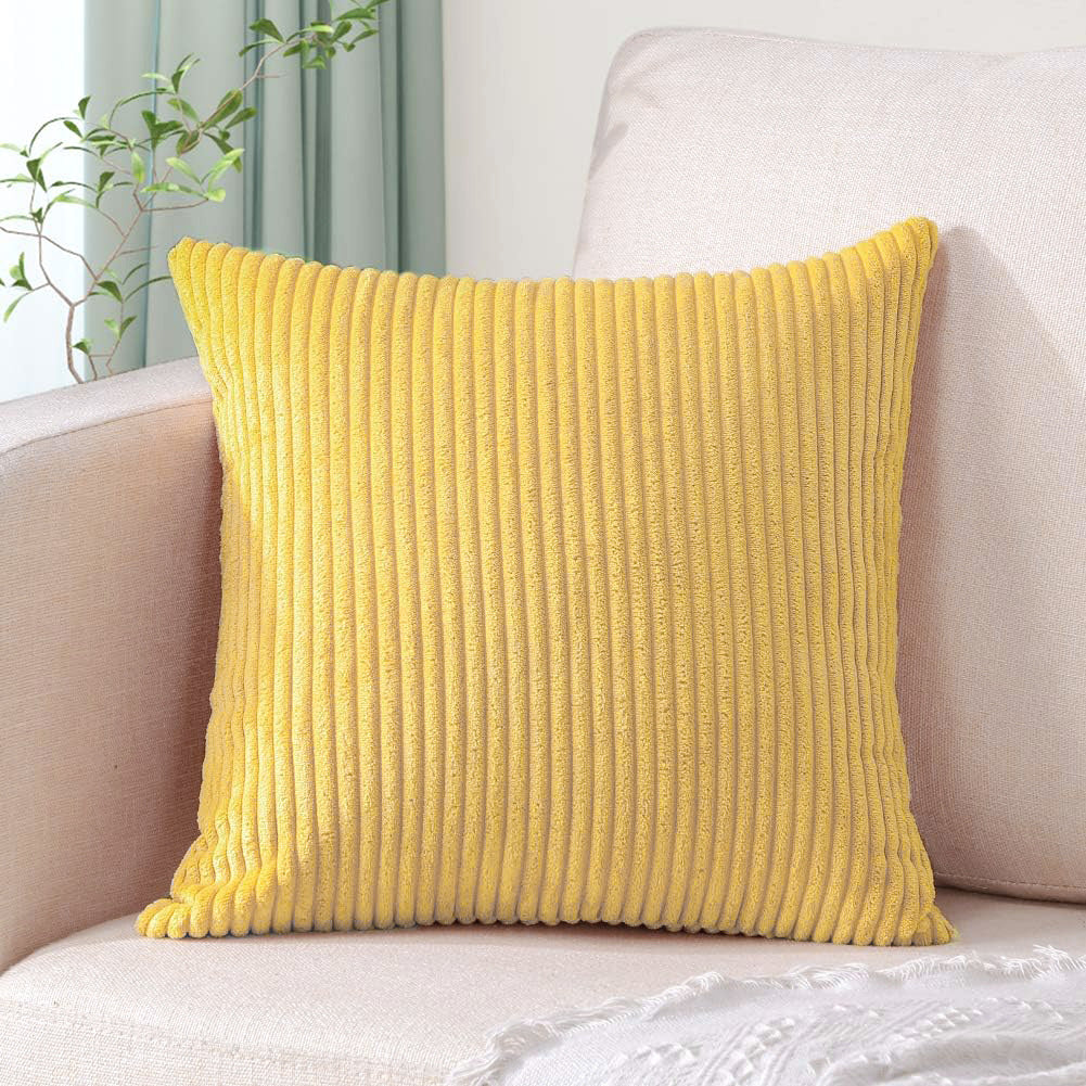 Bright Yellow Plush Striped Pillow Covers 45x45cm - Set of 4 Corduroy-Style Cushion Covers with Invisible Zipper, Soft and Washable for Sofa Decor