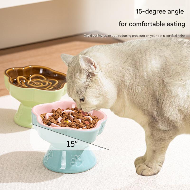 Yellow and Blue Ceramic Slow Feeder Pet Bowl for Cats and Small Dogs - Anti-Choke Elevated Design with 15-Degree Tilted Rim