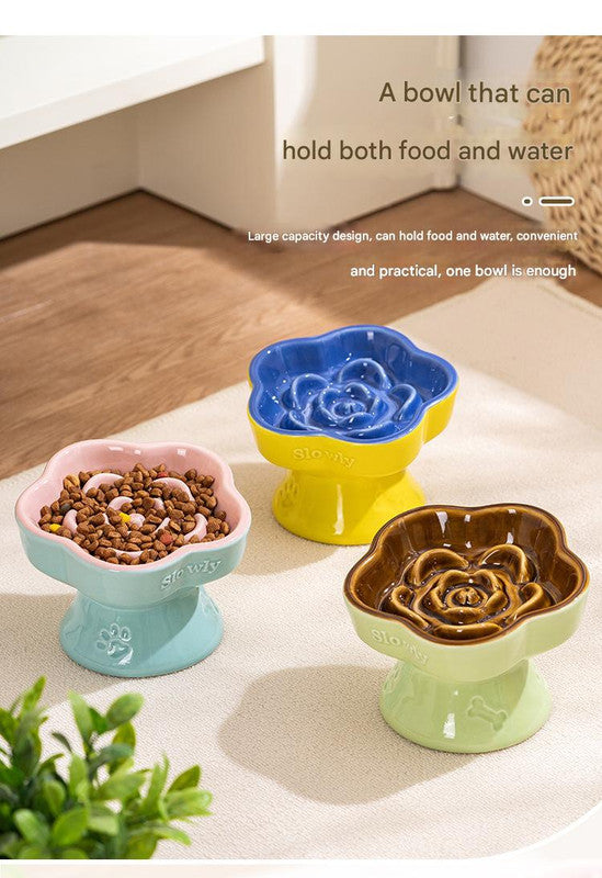 Yellow and Blue Ceramic Slow Feeder Pet Bowl for Cats and Small Dogs - Anti-Choke Elevated Design with 15-Degree Tilted Rim