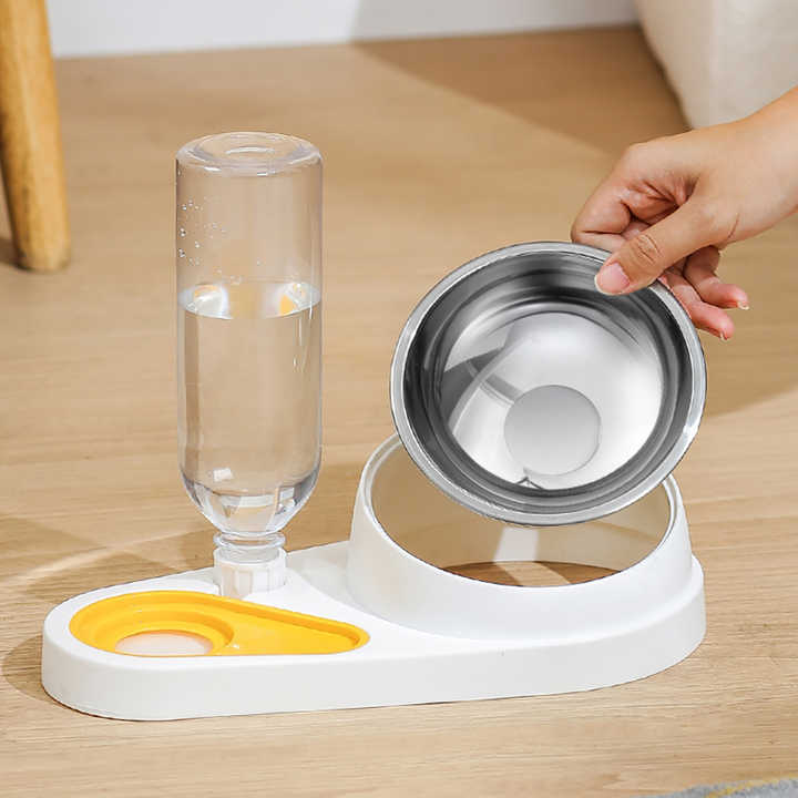 White And Yellow Pet Bowl Set with Automatic Gravity Water Dispenser - Stainless Steel & PP Feeder Station