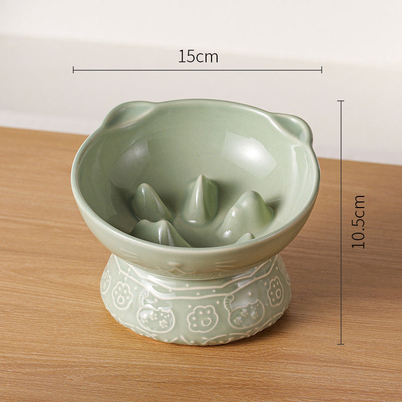 Green Vintage Slow Feeder Ceramic Pet Bowl - Anti-Choke Wide-Mouth Design for Cats & Dogs, Prevents Black Chin