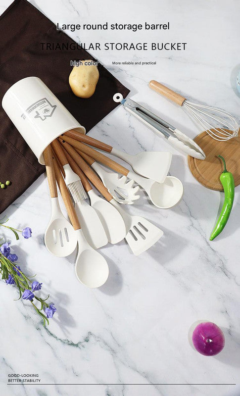 Pink 11-Piece Silicone Kitchen Utensil Set with Wooden Handles and Storage Bucket - Heat Resistant and Non-Stick