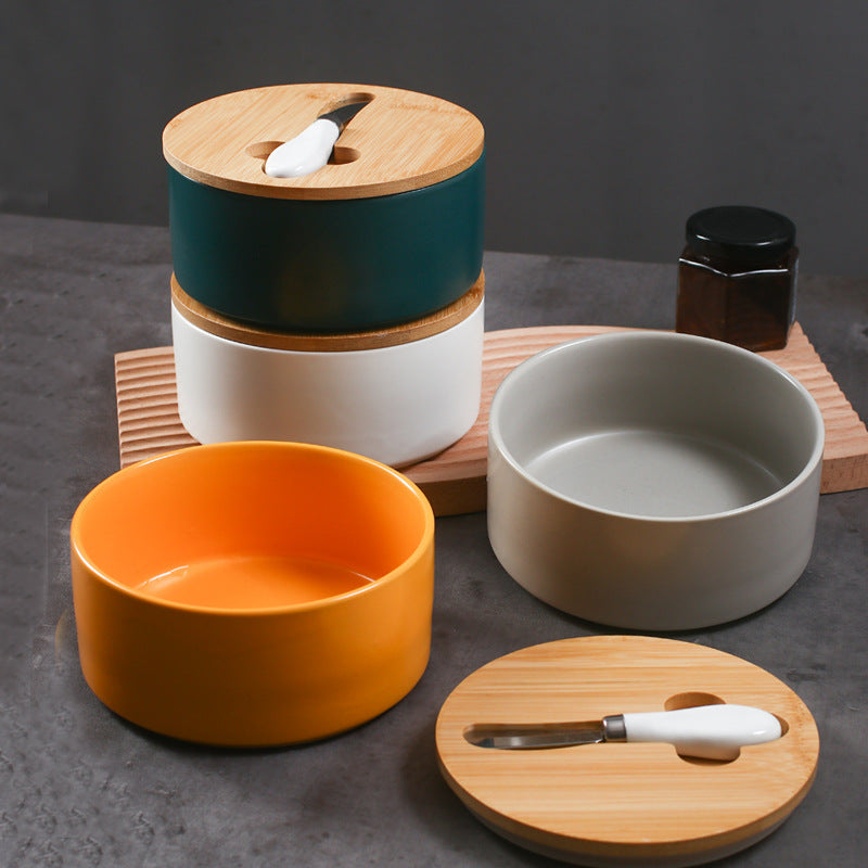 White Nordic Ceramic Butter Dish with Knife - Airtight Cheese Container with Bamboo Lid, Kitchen Storage