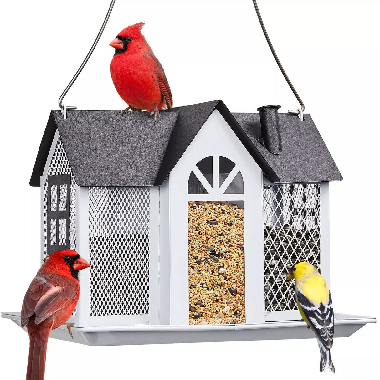 Charming House-Shaped Hanging Bird Feeder - Durable Metal Design for Wild Birds(white)