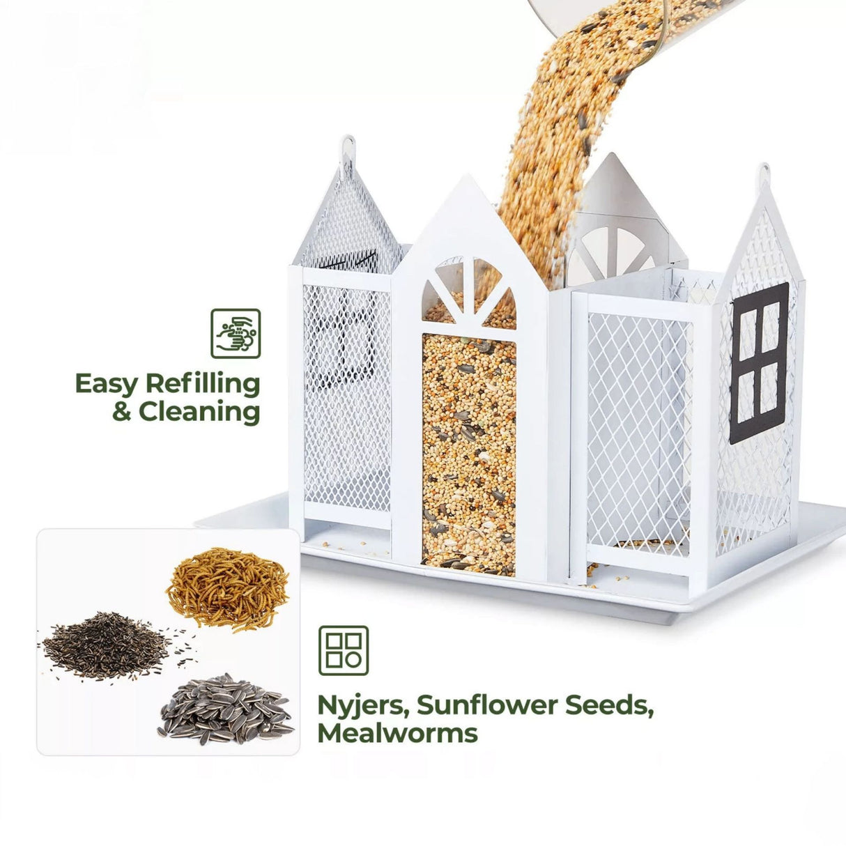 Charming House-Shaped Hanging Bird Feeder - Durable Metal Design for Wild Birds(white)